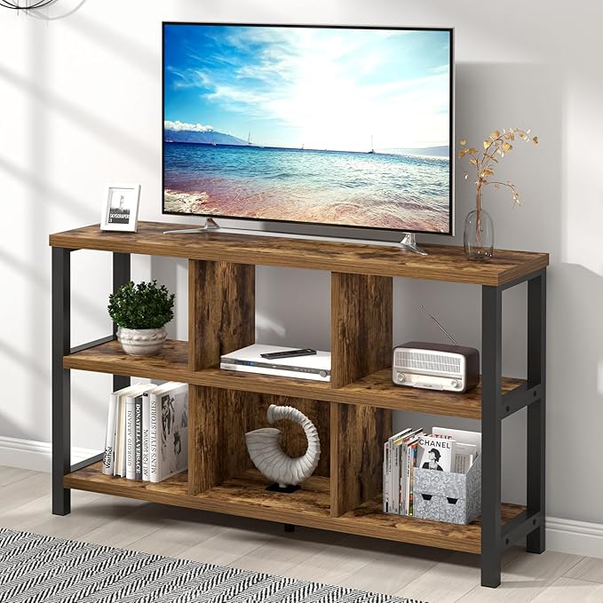 FOLUBAN Industrial Horizontal Bookshelf, 6 Cube Storage Organizer with Shelf, Wood and Metal Cubby Bookcase for Living Room Bedroom, Rustic Brown, 47 Inch