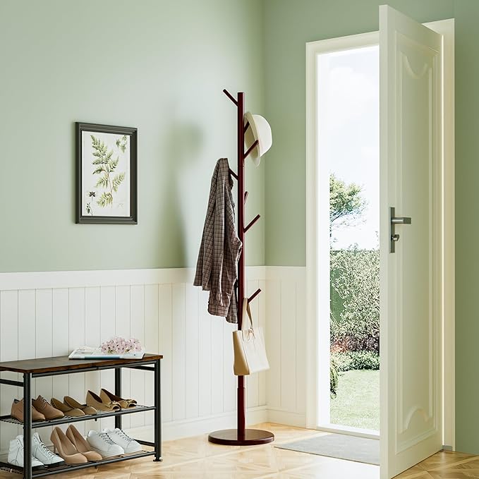 Wooden Coat Rack Freestanding Coat Tree with 4 Height Options and 9 Hooks, Sturdy Coat Rack Stand for Clothes/Bags/Hats, Easy Assemble Save Space for Entryway,Bedroom,Office,Narrow Place (Brown)