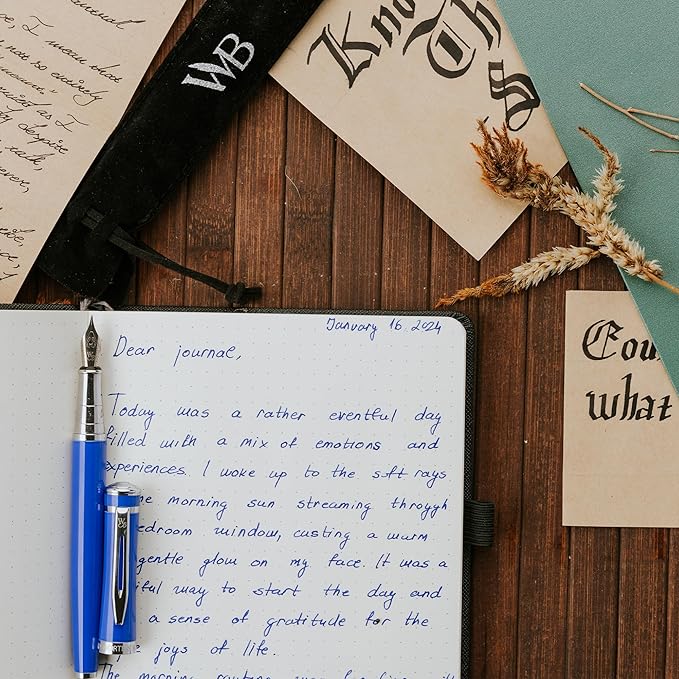 Wordsworth & Black Fountain Pen Set, Medium Nib, Includes 24 Pack Ink Cartridges, Ink Refill Converter & Gift Pouch, Chrome Finish, Calligraphy, [Imperial Blue], Perfect for Men & Women