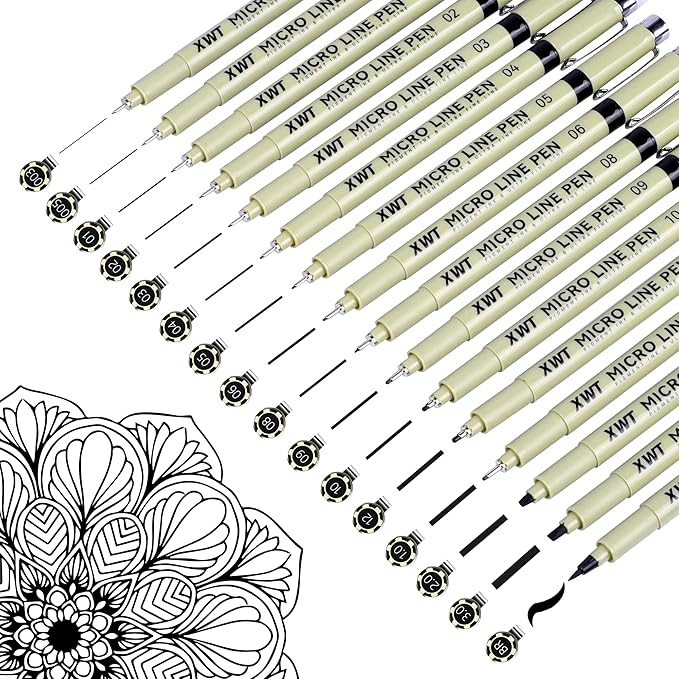 16pcs Fineliner Micro Drawing Art Pens, Black Waterproof Pigment Ink Set for Artists, Sketching, Manga, Watercolor, Calligraphy, and Detail Outlining Archival Quality Inking Markers