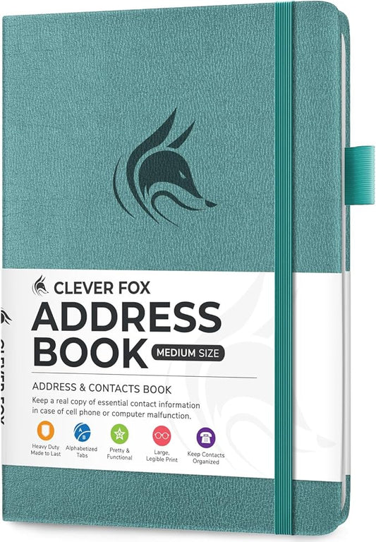 Clever Fox Address Book with alphabetic tabs - PU Leather Telephone and Address Book for Keeping Contacts Safe, Contact Organizer Journal, Medium Size (5.3″ x 7.7″) Hardcover, Aquamarine