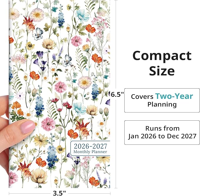 Pocket Calendar 2026-2027 for Purse, Two Year Monthly Planner Pocket Size, Jan 2026 to Dec 2027 Monthly Planner Small Size (6.5" x 3.5") - Wildflowers