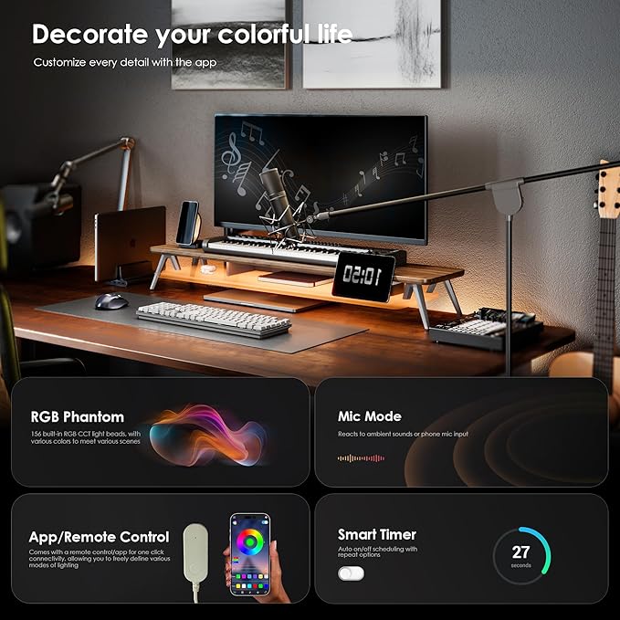 Fenge Dual Monitor Stand for Desk, 2 Tiers Monitor Riser with Acrylic Shelf & App Control LED Lights, 42.5 Inch Wood and Aluminum Desk Shelf with Phone and Tablet Holder
