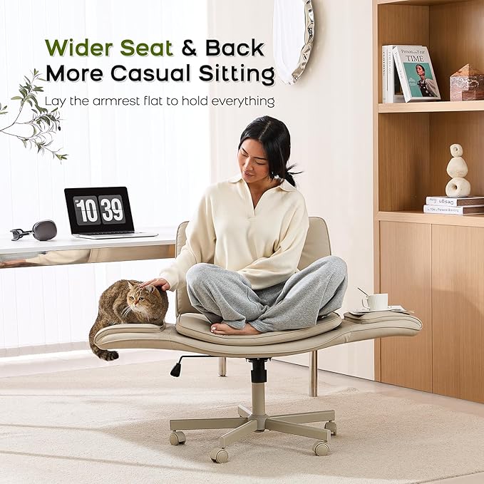 Criss Cross Chair with Armrests & Wheels, PU Leather Vanity Chair, Comfortable Adjustable Swivel Computer Office Desk Chairs for Home, Make Up, Bed Room (Cream White)