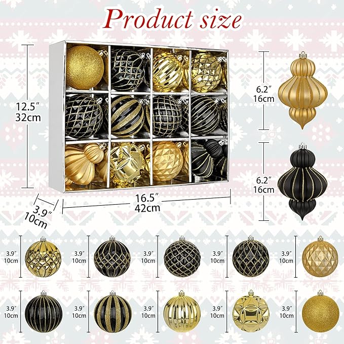 4" Christmas Ball Ornaments Set 12PCS Large Shatterproof Plastic Ornaments Christmas Tree Ball Hanging Ornaments for Xmas Tree Wedding Party Holiday Decorations - Black, Gold