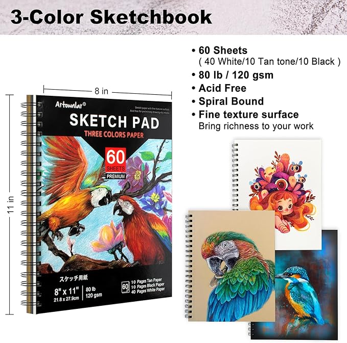 Artownlar 72 Pack Drawing Sketching Set with 8x11 Sketchbook | Pro Art Supplies Kit for Artist Adults Teens Beginner | Graphite Charcoal, Watercolor & Metallic Colored Pencils in Gift Case.
