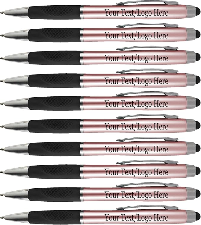 Personalized Pens With your Custom Logo or Text-300 Pack Bulk-for Businesses, Parties, and Events, 2 in 1 Ballpoint Pen + Capacitive Stylus forTouchscreen Devices, Rose Gold Barrel, Blue Ink