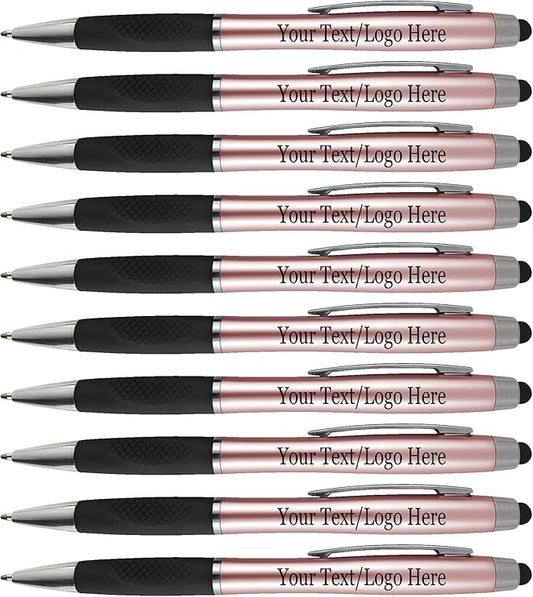 Personalized Pens With your Custom Logo or Text-300 Pack Bulk-for Businesses, Parties, and Events, 2 in 1 Ballpoint Pen + Capacitive Stylus forTouchscreen Devices, Rose Gold Barrel, Blue Ink