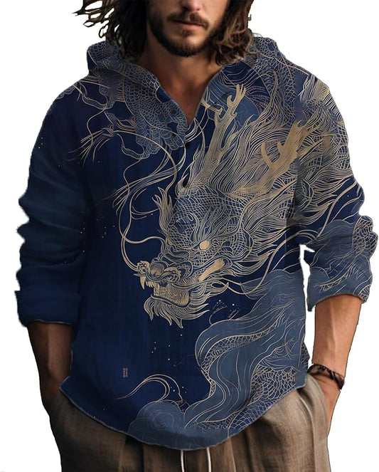 MARSVOVO Hooded Long Sleeve Shirt Men Fashion Graphic Button Up Lightweight Big and Tall Casual Vacation Shirts for Men