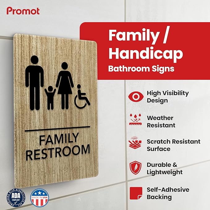 Promot Family Restroom Sign – ADA Braille Bathroom Sign for Business, Self-Adhesive, 9" x 6", Commercial Door Signage, Office Wall Decor - Almond