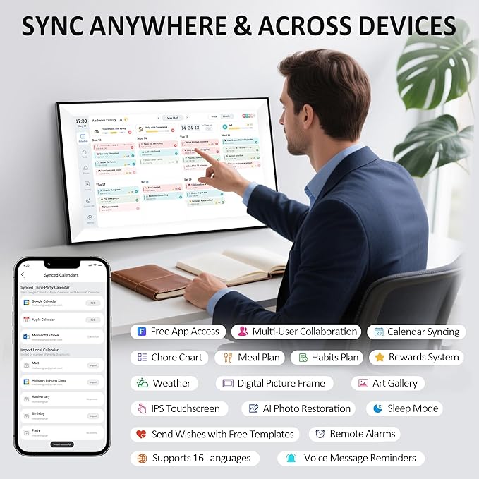 15.6 Inch Digital Calendar Chore Chart, Voice Message Feature,Digital Picture frame,Smart Touchscreen Wall & Desk Electronic Calendar Family Planner for Seamless Scheduling/Organizing,Gift