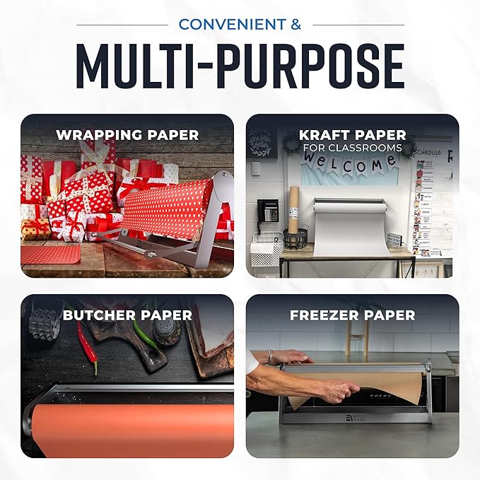 Bryco Goods 18 Inch Paper Roll Dispenser and Cutter, Wall Mountable & Non-Slip Tabletop, Heavy-Duty Steel Frame – Kraft, Butcher, Freezer, Wrapping Paper Holder – for Home, Office, Craft Projects