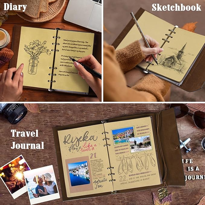 Leather Journals Notebooks with Blank Pages, Vintage Refillable Journal for Writing, Personal Travel Diary Art Sketchbook to Write in, Gifts for Women, Men, Teen Girls and Boys, 160 Pages A5 (Blue)