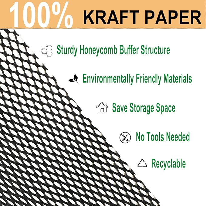 Honeycomb Packing Paper, HONSREO 15 Inches x 230 Feet Eco Friendly Recyclable Cushioning Material, Bubble Wrap for Moving Shipping Breakable Supplies with 20 Fragile Sticker Lables (Black)