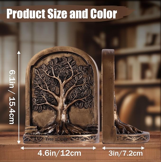 Vintage Bronze Finish Tree of Life Bookends Set, 2 Non-Skid Heavy Bookends for Shelves or Bookcase, Decorative Bookends for Desktop Shelf Decor, Library Office Decor, Home Décor Gift