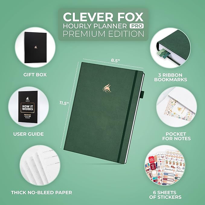 Clever Fox Hourly Planner PRO Premium – Undated Schedule Planner with Daily Time Slots – Personal Organizer Notebook for Time Management – Weekly & Monthly Life Journal, A4 size (Forest Green)