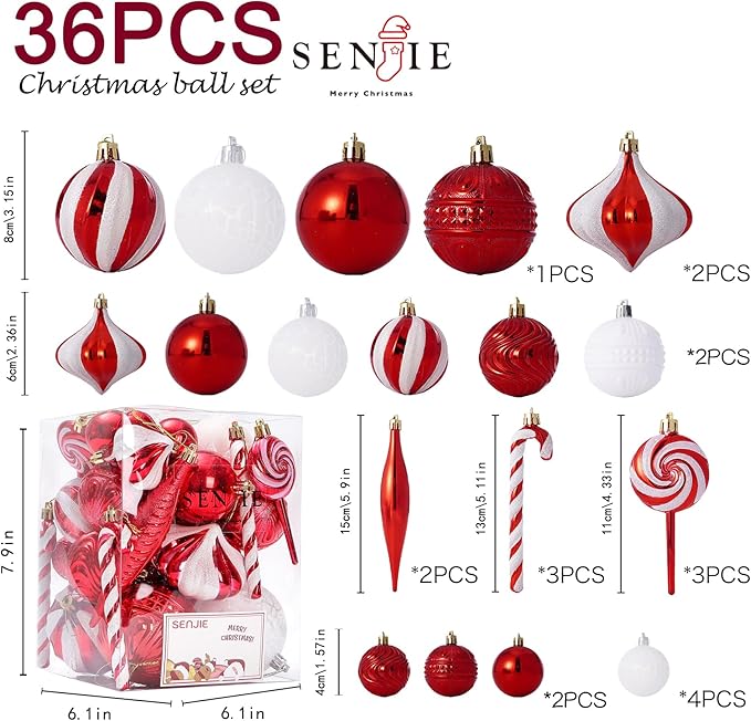 Christmas Tree Ornaments 36 pcs Multi-Size Candy Cane Shatterproof Ball Ornaments Set for Christmas Holiday Wreath & Party Decorations,Red