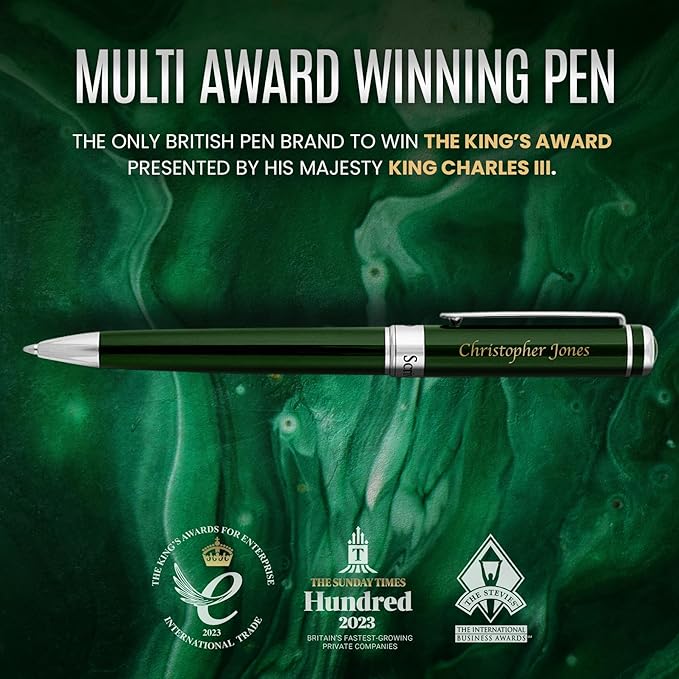 Scriveiner Personalized British Racing Green Pen - Stunning Green Lacquer Luxury Pen with Chrome Finish, Schmidt Ink Refill, Best Engraved Ball Point Gift Set for Men & Women, Custom Name Engraving