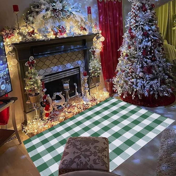 Green & White Christmas Plaid Rug, 4' x 6' Check Indoor/Outdoor Area Rug, Hello/Welcome Door Mat Layering Rug, Machine Washable Cotton Woven Rugs for Farmhouse Front Porch, Entryway