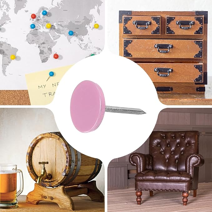 uxcell 100Pcs Upholstery Tacks, 11mmx17mm Flat Head Thumb Tack Decorative Furniture Nails Push Pins for Furniture Sofa Headboards, Pink