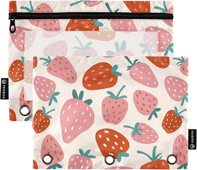 ALAZA Pencil Pouch for 3 Ring Binder, Fruit Strawberry Binder Pencil Pouches with Clear Window Zipper Pencil Case Cosmetic Bags for Office College Supplies, 2PCS