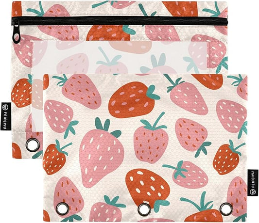 ALAZA Pencil Pouch for 3 Ring Binder, Fruit Strawberry Binder Pencil Pouches with Clear Window Zipper Pencil Case Cosmetic Bags for Office College Supplies, 2PCS