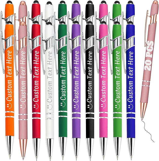 Personalized Pens Bulk 20 with Name Custom Engraving Ballpoint Pens with Stylus Tip Customized Smooth Writing Pens Personalized Gifts for Anniversary Birthday or Graduation(Assorted,Black Ink)