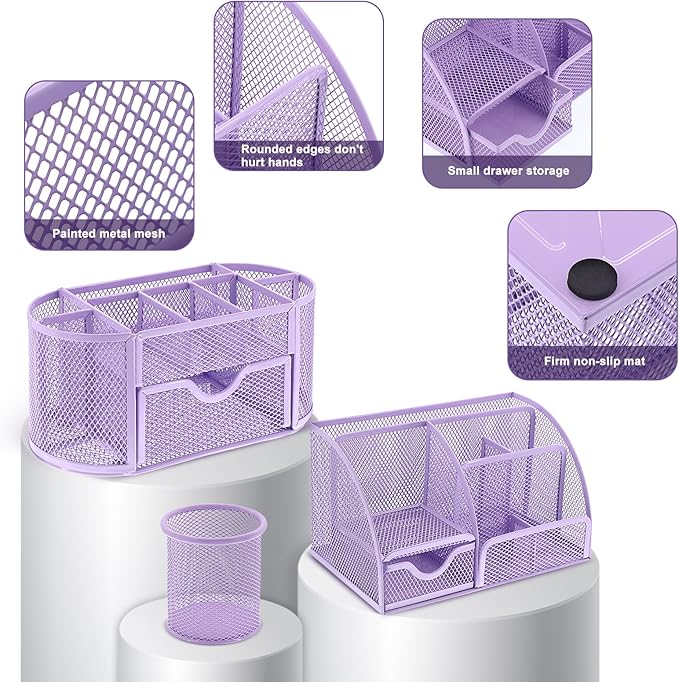 17 in 1 Purple Desk Organizers and Accessories Set, 3 Office Desk Supplies Storage Organization, 4 Pens, Stapler, Staples & Remover, Tape & Dispenser, Scissors, Ruler, Clips, Hole Punch Back to School