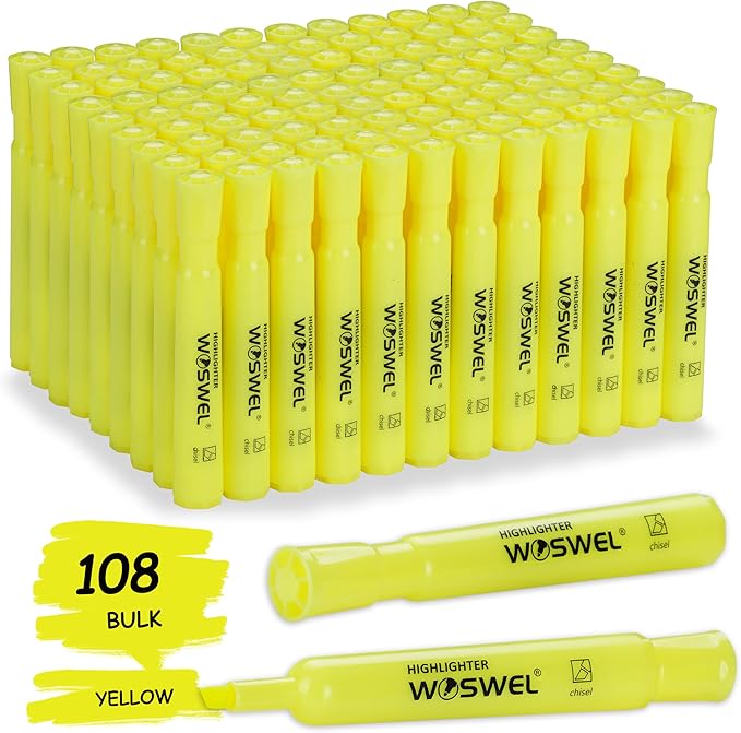 Highlighters Bulk, 108 Pack Tank Style Highlighters Set, Fluorescent Yellow, Chisel Tip Highlighter Markers Bulk for Kid and Adult Coloring, Highlighting as School Supplies