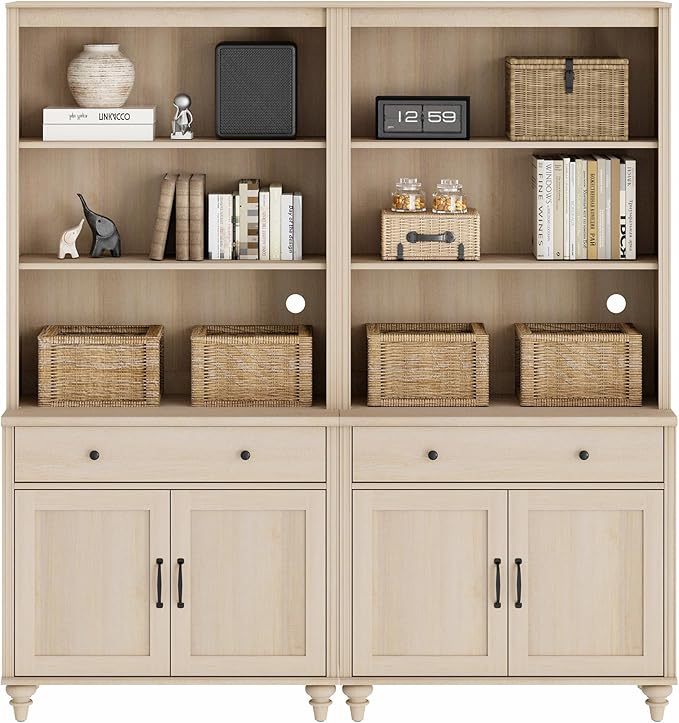 WAMPAT 5 Tier Bookshelf 72" Tall Bookcase with Barn Doors, Large Farmhouse Display Book Shelf with 2 Drawers and Storage Cabinet, Library Wood Bookshelves for Living Room,Kitchen, Light Oak(2PCS)