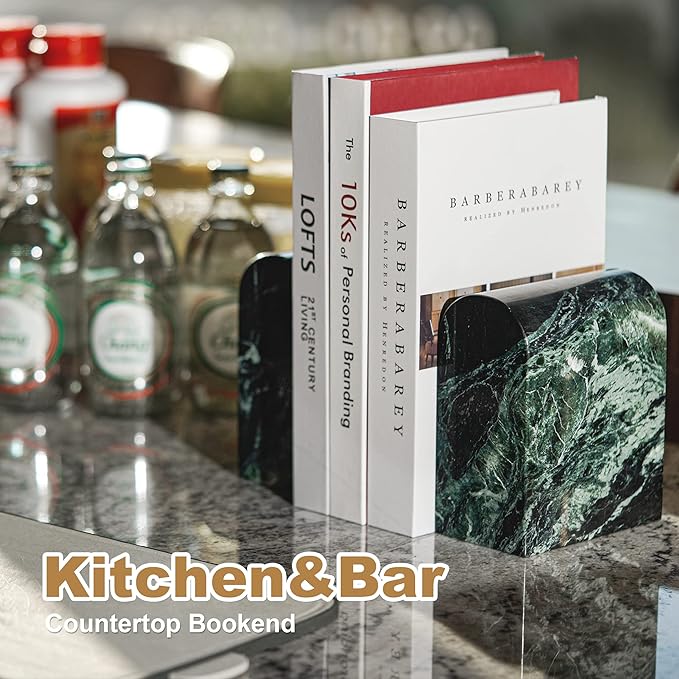 Koville Italian Natural Marble Bookends for Shelves, 13LBS Ultra Non-Slip Book Ends, Heavy Duty Marble Book Holders Organizer, Bookshelf Apartment Decor for Movies/CDs/Video Games(Verde Remeggiato)