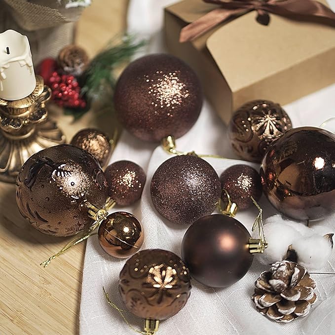 Senjie Brown Shatterproof Christmas Ornaments, 32 Pcs Spherical Balls for Xmas Trees