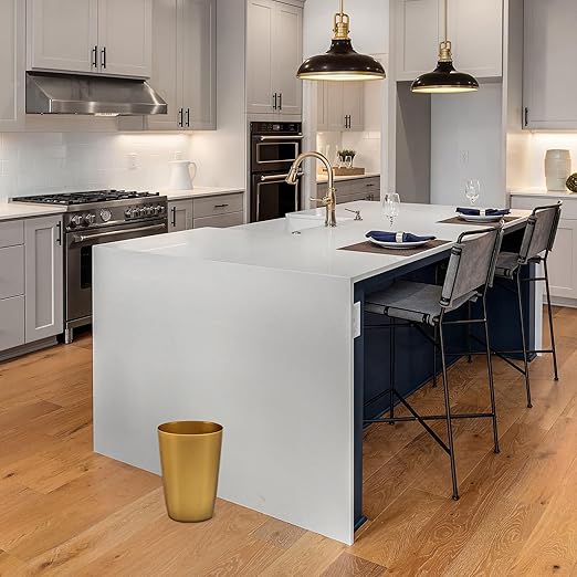 Mini Waste Basket - Durable Small Plastic Garbage Trash Can Bin - Lidless Open-Top Rectangular Slim Profile for Compact Spaces - Suitable for Home, Bathroom, Office, Bedroom, Kitchen and More (2-Pack, Soft Brass)