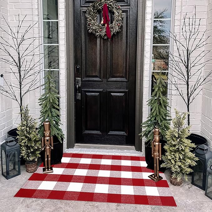 Christmas Plaid Outdoor Rug, 2'4" x 3'7" Red&White Check Indoor/Outdoor Area Rug, Layering Rug for Hello/Welcome Door Mat, Machine Washable Cotton Woven Rug for Farmhouse Front Porch,Entryway