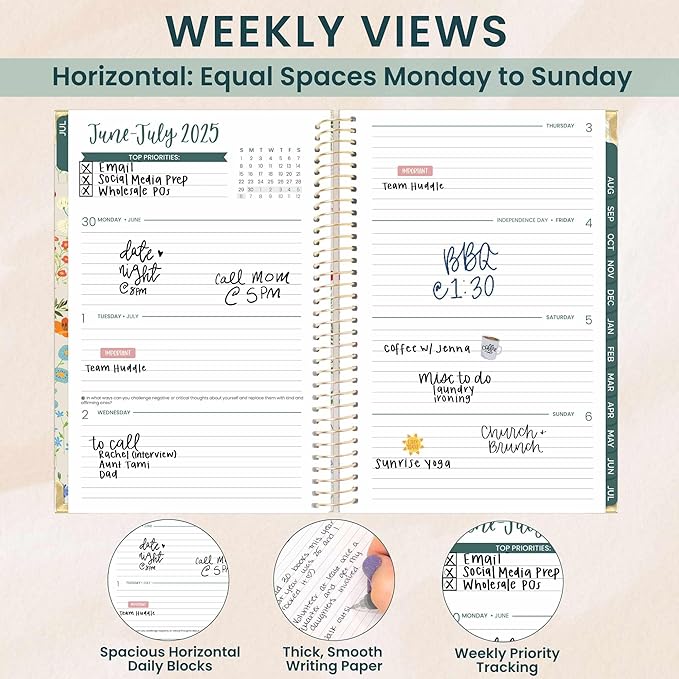 bloom daily planners HARDCOVER 2025-2026 Academic Year Day Planner (July 2025 - July 2026) - A5 Task Goal Organizer - Monthly & Weekly Inspirational Agenda Book - 5.5" x 8.25" - Garden Party, Beige