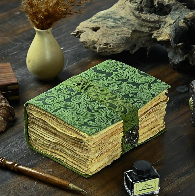 400 Page Leather Journal - Antique Handmade Deckle Edge Vintage Paper Leather Bound Journal - Book of Shadows Journal - Leather Sketchbook - Drawing Journal - Great Gift 7X5 Lock Green