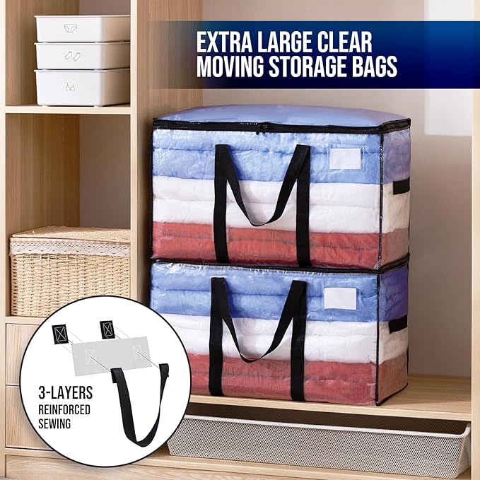 TAILI Extra Large Moving Bags, 8 Pack Clear Heavy Duty Totes For Storage with Visible Window, Wrap Around Handles, Storage Bags for Space Saving, Alternative to Moving Boxes