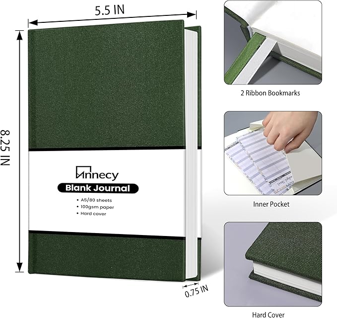 Annecy Blank Journal Notebook, Medium 5.5x 8.25, 160 Pages 100GSM Writing Paper, A5 Deep Green Faux Leather Cover with Pen Loop