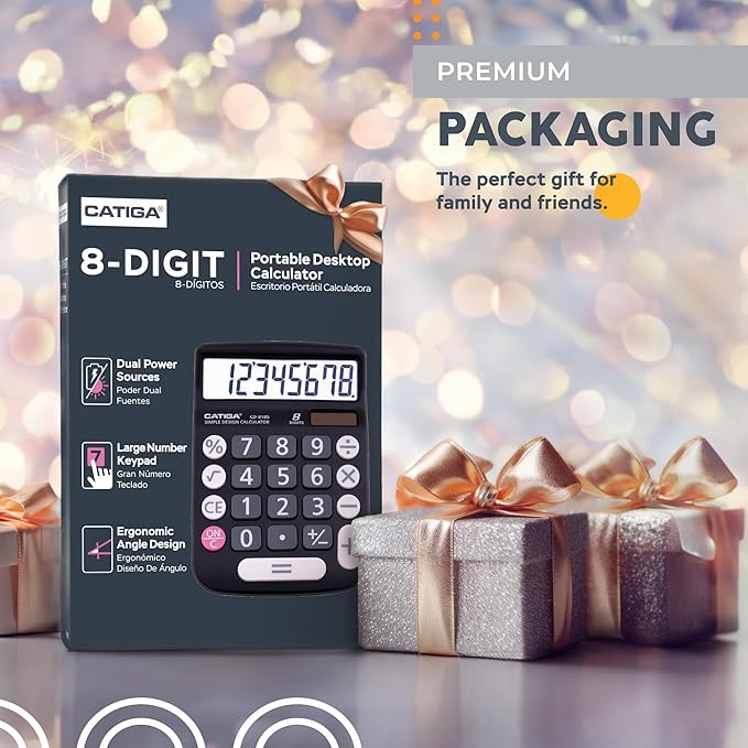 CATIGA Desktop Calculator 8 Digit with Solar Power and Easy to Read LCD Display, Big Buttons, for Home, Office, School, Class and Business, 4 Function Small Basic Calculators for Desk, CD-8185 Black