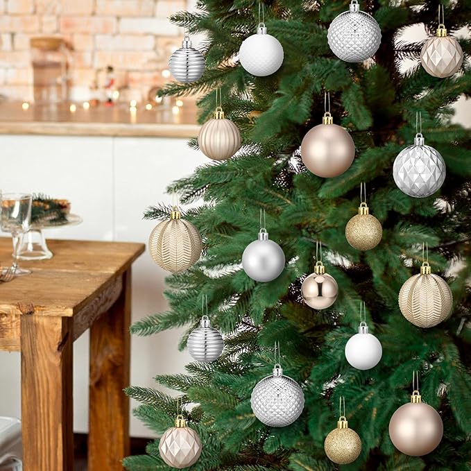 64 Pcs Christmas Ball Ornaments Champagne Gold Silver White Xmas Ornaments Sets 1.6/1.97/2.4 Inch Shatterproof Glitter Xmas Balls Assorted Holiday Neutral Modern Christmas Decor for Tree Home