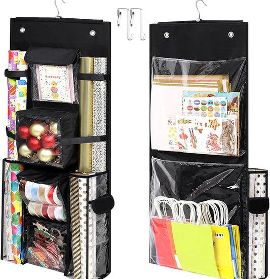 Hanging Gift Wrapping Paper Storage, 40x16 inch Double-Sided Gift Wrap Organizer Christmas Wrapper Paper Container, Craft Roll Organizer Behind The Door Storage Heavy Duty Oxford Gift Bag Holder