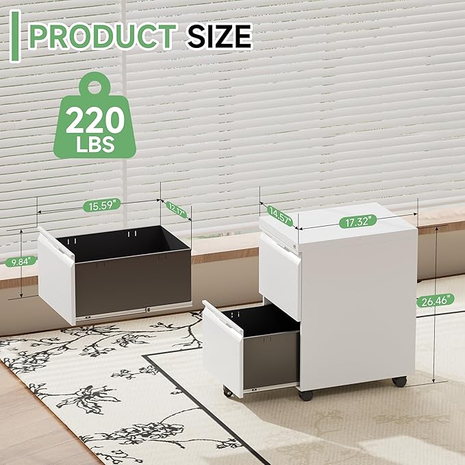 2 Drawer Mobile File Cabinet with Lock,Under Desk Metal Filing Cabinets with Wheels for Home Office Organizer Letters/Legal/A4(Easy Assemble-White)