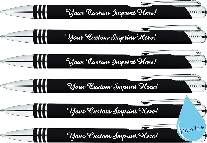 ExpressDesigns™ - Blue Ink Personalized Pens Rubberized - The Cameron - Custom Printed Name Pens - Imprinted with Logo or Message - Includes Personalization - 6 Pack (Black)