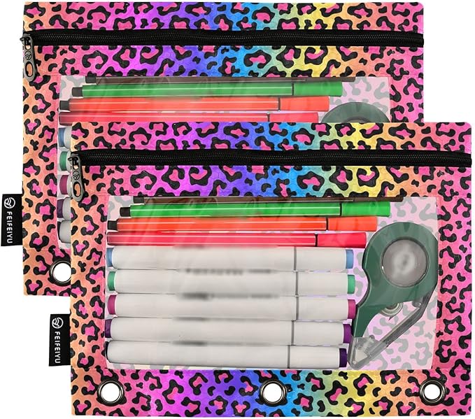 ALAZA Pencil Pouch for 3 Ring Binder, Rainbow Leopard Print Binder Pencil Pouches with Clear Window Zipper Pencil Case Cosmetic Bags for Office College Supplies, 2PCS