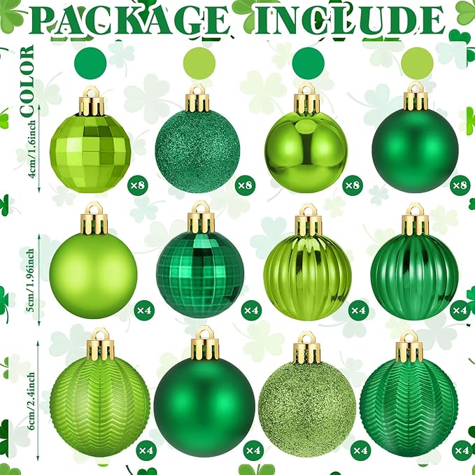 64 Pcs St. Patrick's Day Ball Ornaments Glitter Matt Lime Green Assorted Plastic Irish St. Patrick's Day Decoration for Xmas Tree & Party Supplies