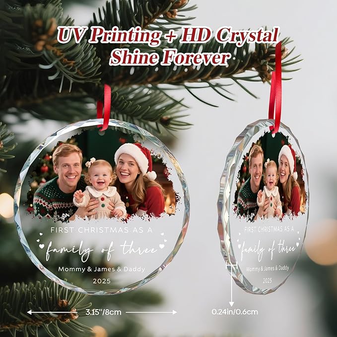 Personalized Family of 3 Christmas Ornament 2025 - Custom Ornament for First Christmas as a Family of 3 - Crystal Photo Ornaments Gifts for New Parents, Newborn, Baby Girl & Boy (3.15”)