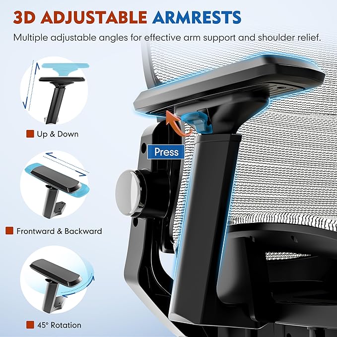 Ergonomic Office Chair, High Back Desk Chairs with Retractable Footrest, Breathable Mesh, Adjustable Headrest, 3D Armrests, Lumbar Support, Tilt Function, Comfy Swivel Computer Gaming Chair