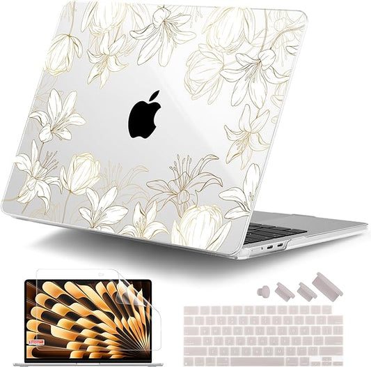 DONGKE Compatible with M4 MacBook Air 15 inch Case 2025 2024 2023 A3241 A3114 A2941 M3 M2 Liquid Retina Display Touch ID, Plastic Hard Case & Keyboard Skin & Screen Protector - Golden Floral