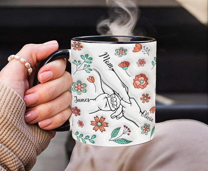 LOVELYPOD Custom Mom Coffee Mug with Kids Names, You Hold Our Hands Also Our Hearts Mug, Coffee Cups for Mama, Personalized Coffee Mugs, Mothers Day Mugs, Gifts for Mom from Daughter Son