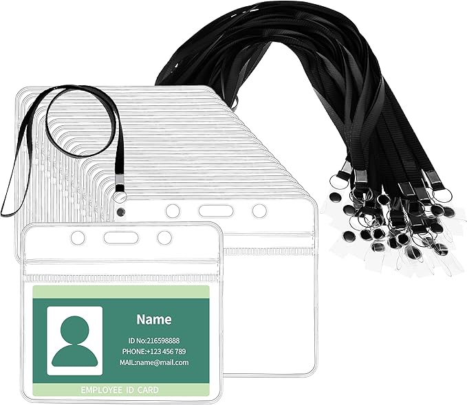 RexID 50 Pcs Horizontal ID Holder Badges Name Tags,Waterproof Clear Plastic ID Card Holders with Black Lanyard (50 Pcs (Horizontal), Black)
